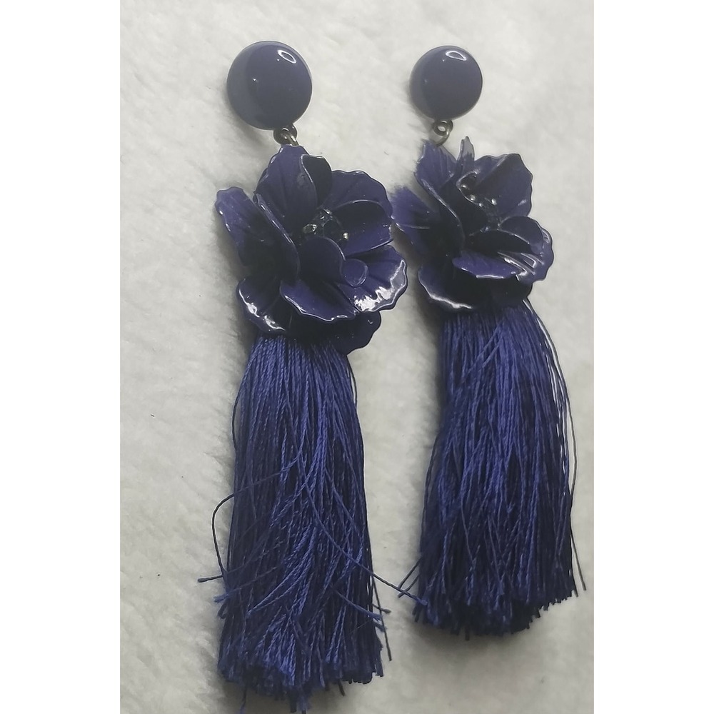 Sugarfix by BaubleBar Navy Blue Floral Tassel Drop Earrings Boho Statement Bin 2 - Picture 2 of 6